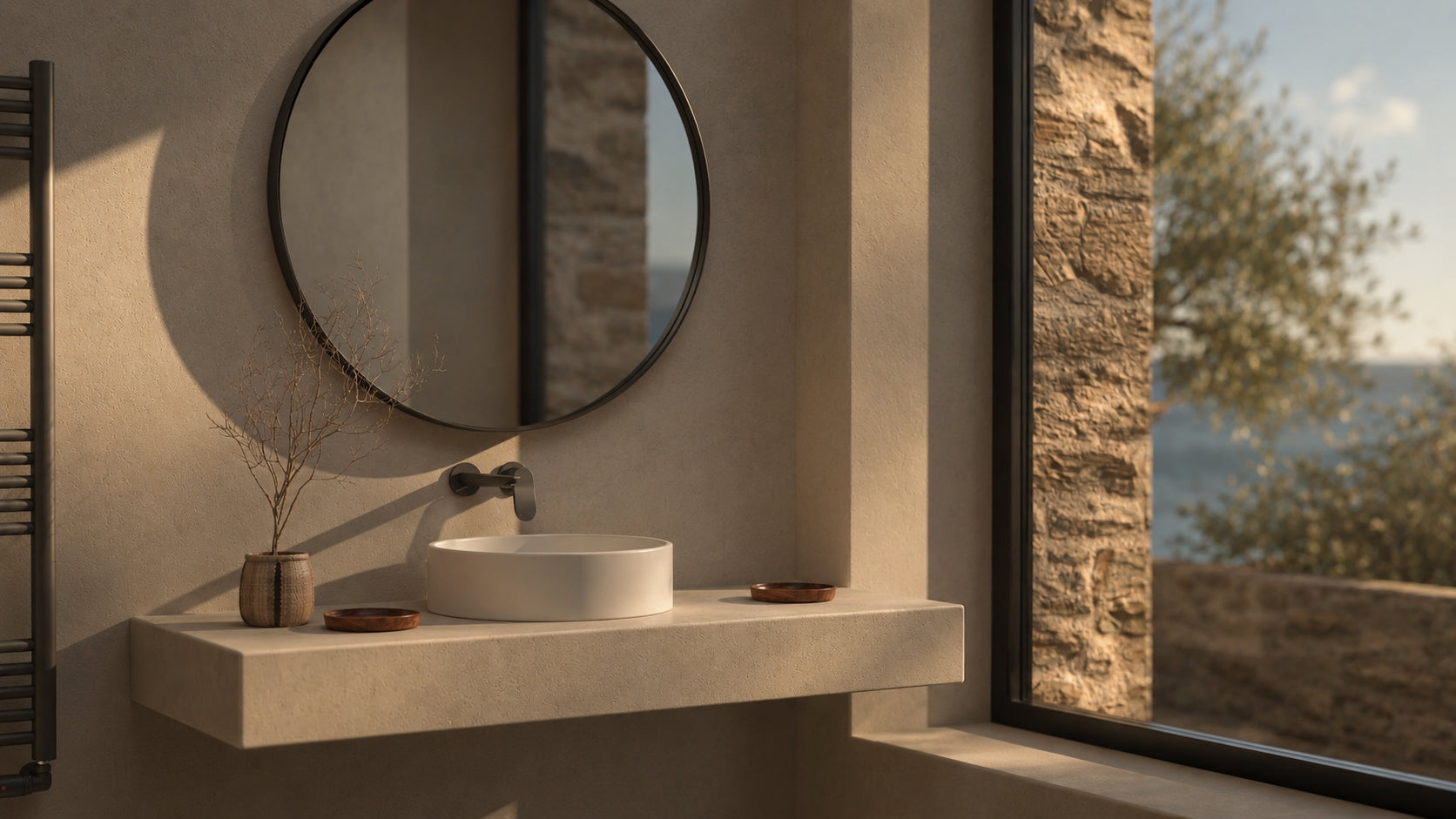 Sunlit luxury bathroom with a round stone basin, wall-mounted tap, textured plaster walls and a Mediterranean sea view.